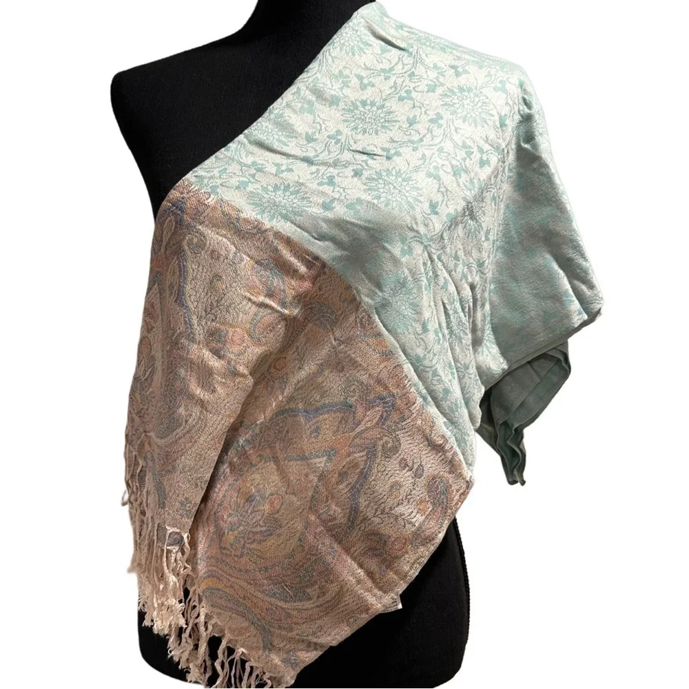 Elegant Shawl in Light Mint & Cream - Versatile Wrap, Scarf, or Veil, Soft Rayon